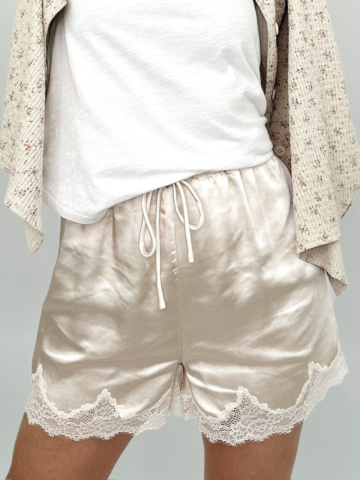 Gigi Lace Trimmed Satin Shorts Ecru