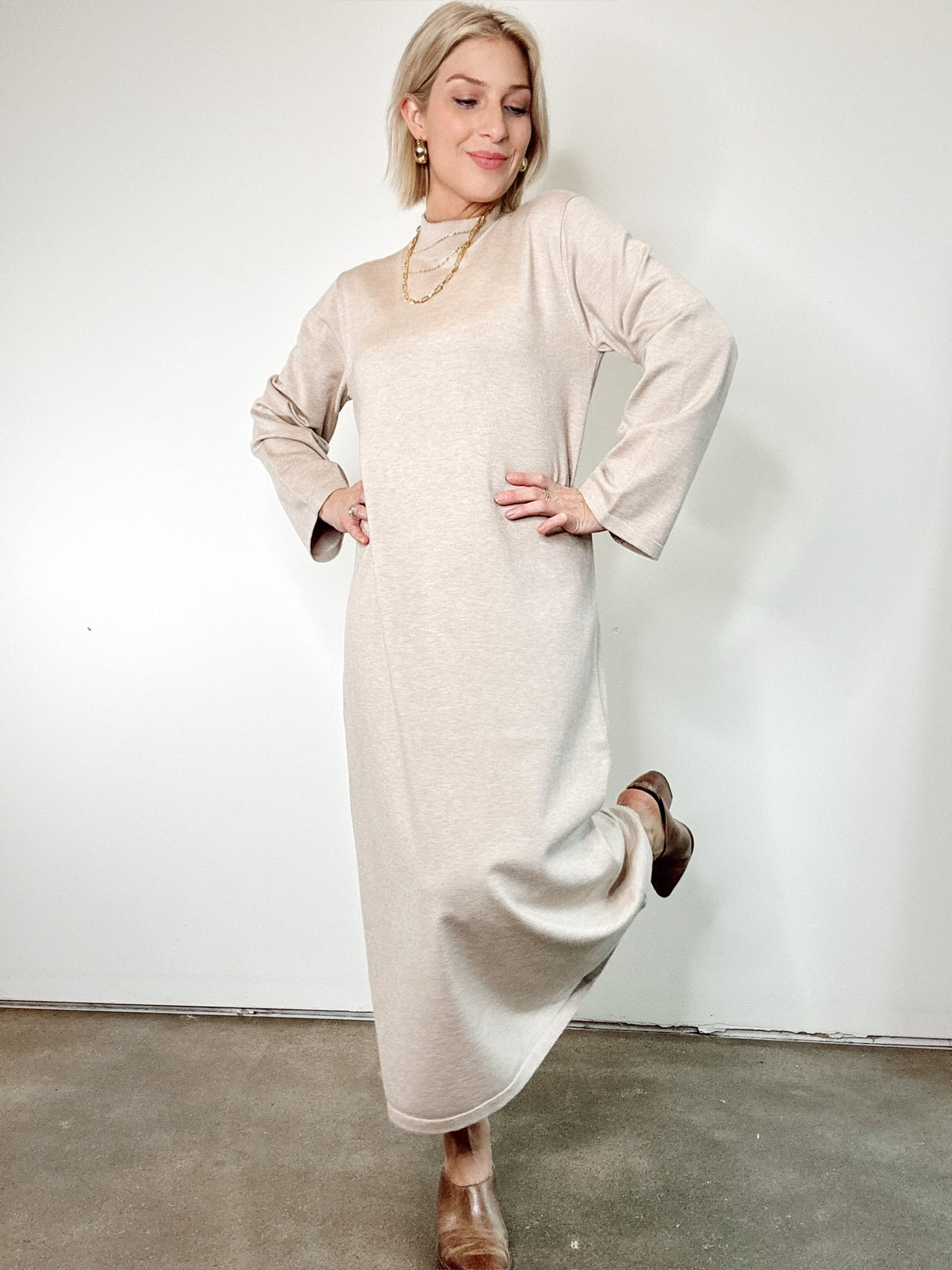 Daniela Mock Neck Midi Dress Sand