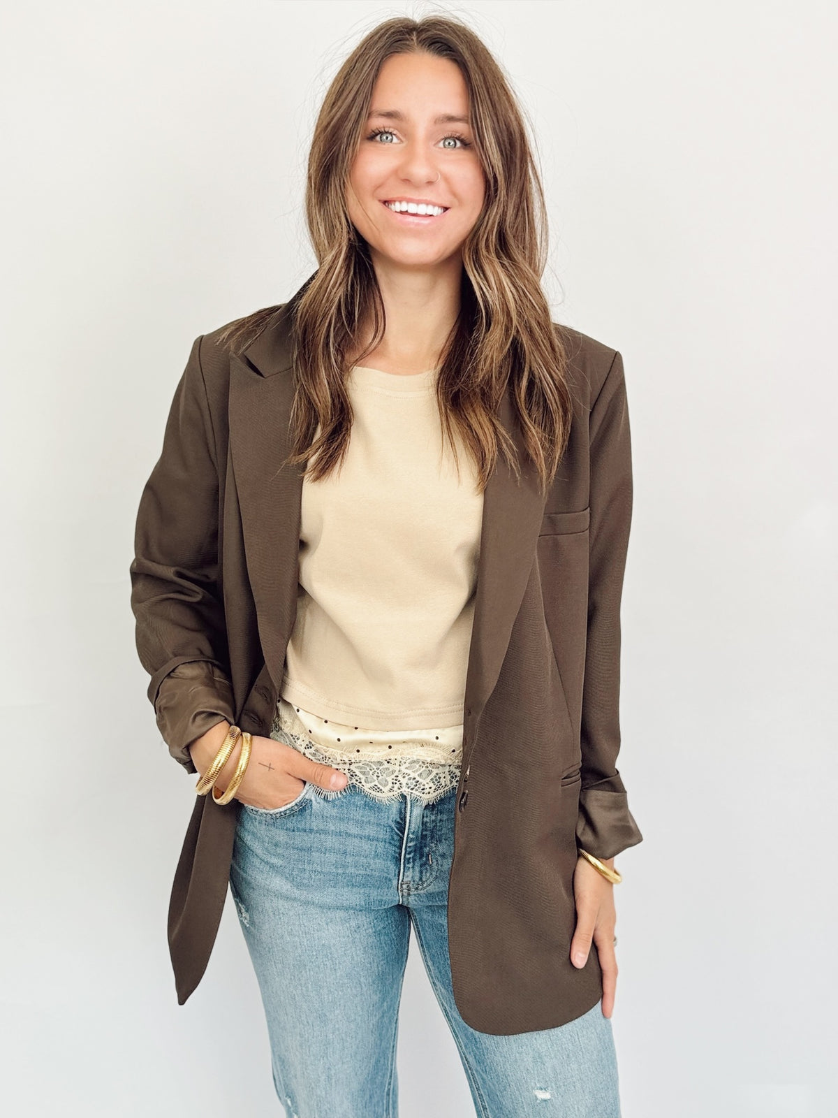 Molly Cropped Polka Dot Hem Top Taupe