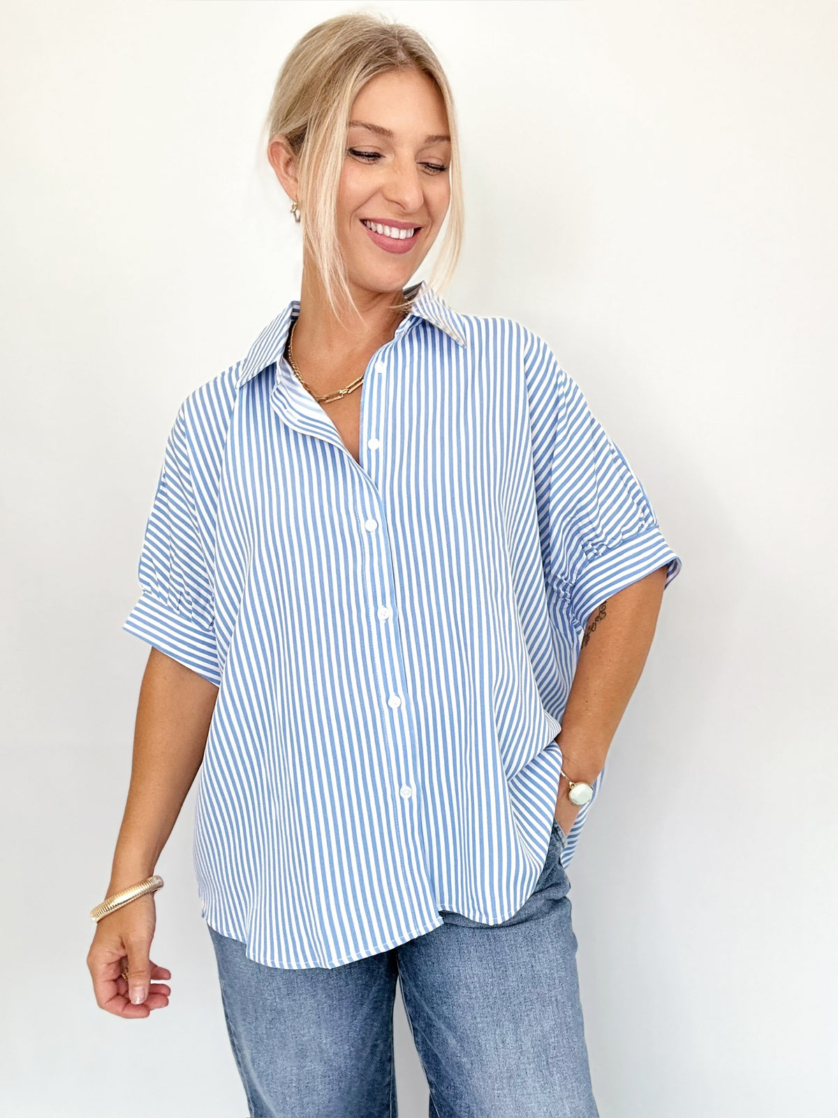Ellen Button Down Stripe Shirt Blue