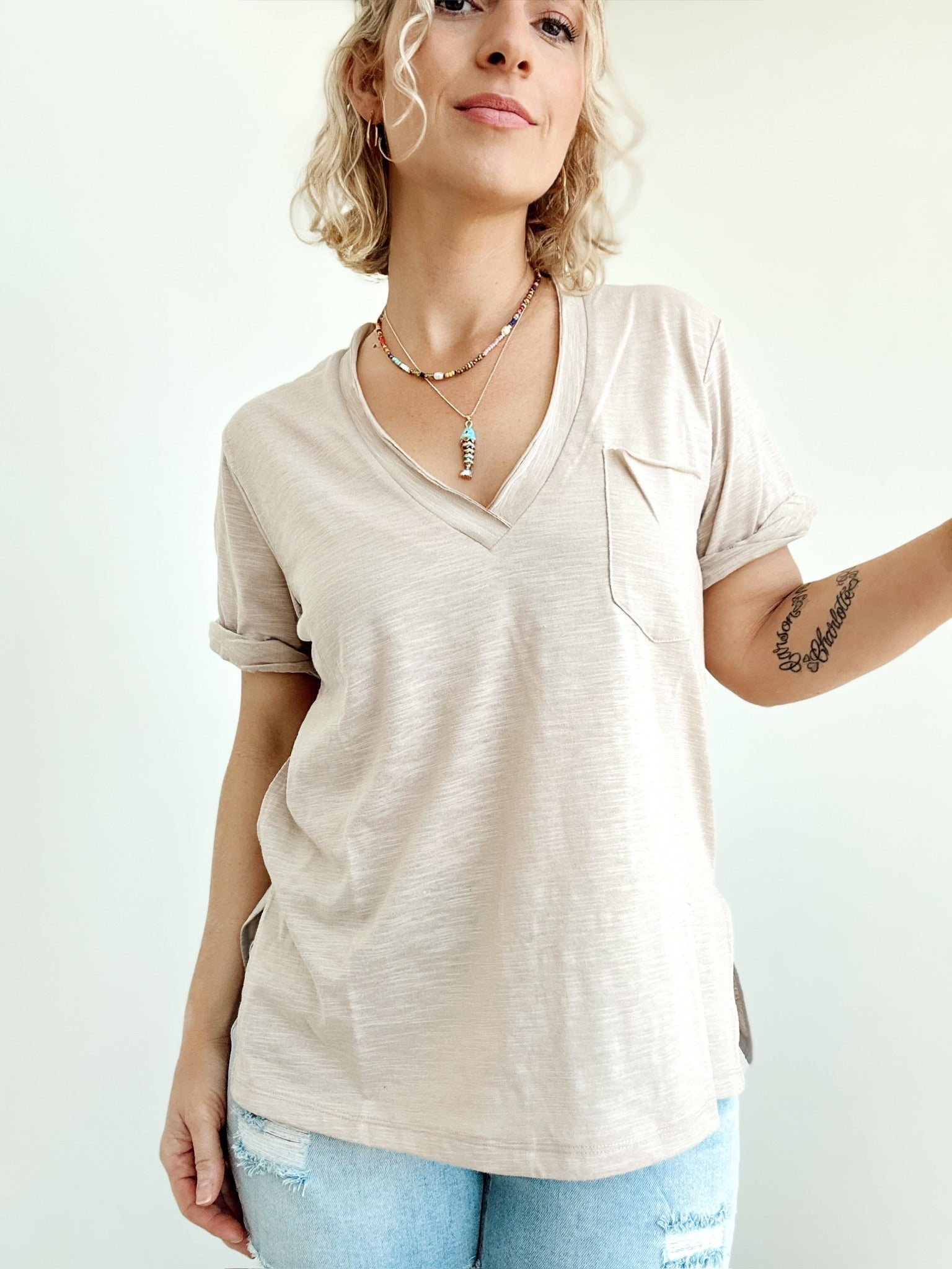 Sydney V-neck Short Sleeve Top Oat