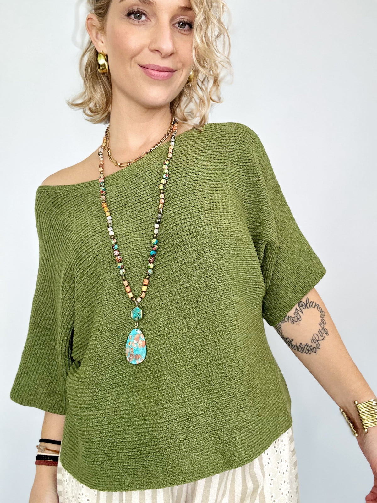 Kai Ribbed Dolman Sweater Top Fern Green