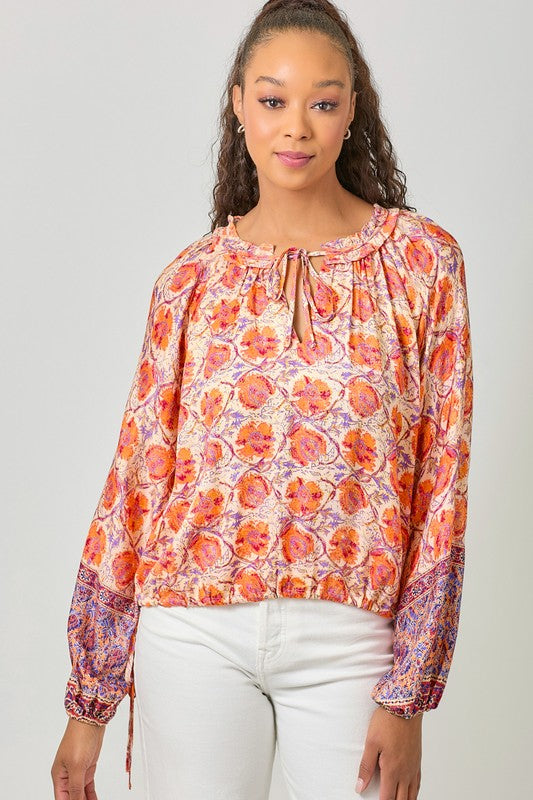 Veronica Print Ruffle Top Oat/Orange