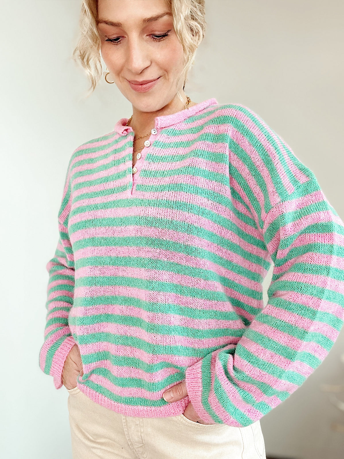Rue Stripe Half Button Sweater Pink/Mint