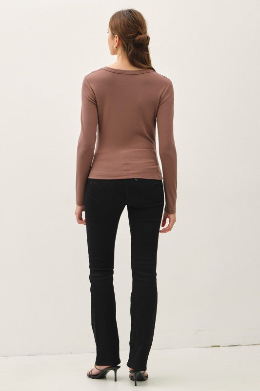 Betty Basic Scoop Neck Long Sleeve Top Brown