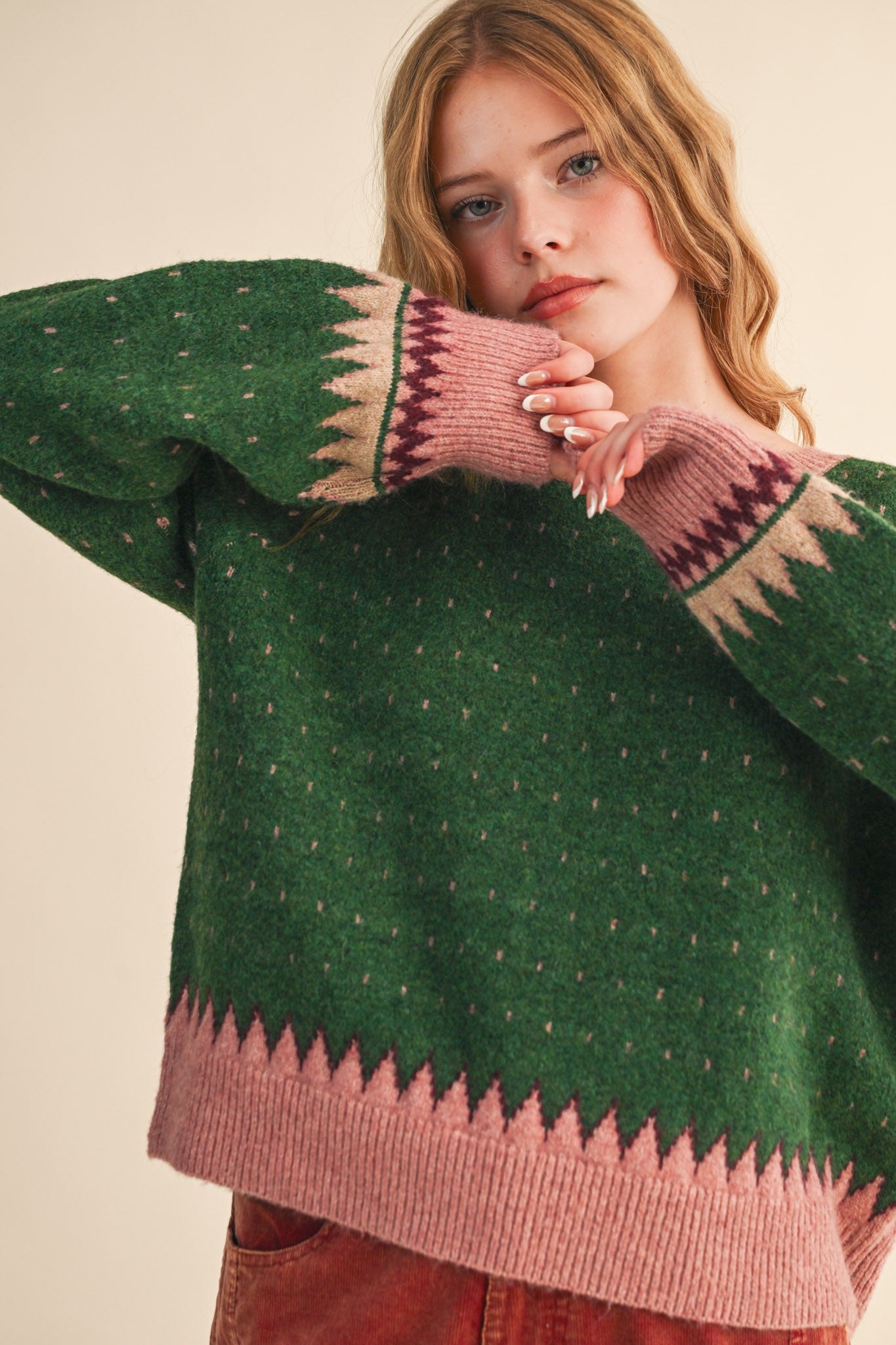 Eloise Geometric Knit Sweater Forest Green