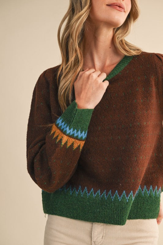 Eloise Geometric Knit Sweater Brown Green