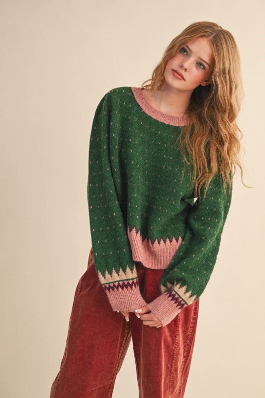 Eloise Geometric Knit Sweater Forest Green