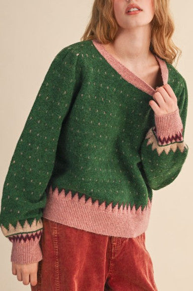 Eloise Geometric Knit Sweater Forest Green