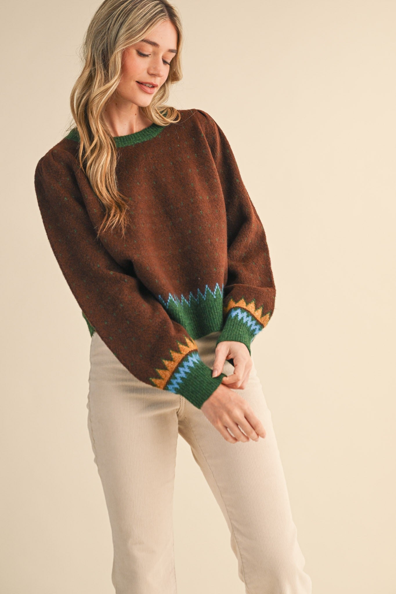 Eloise Geometric Knit Sweater Brown Green