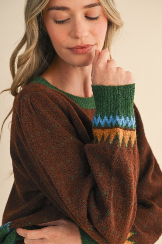 Eloise Geometric Knit Sweater Brown Green