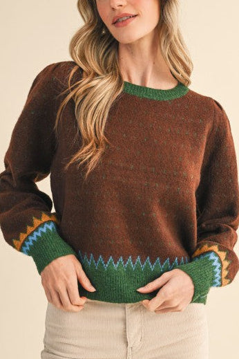 Eloise Geometric Knit Sweater Brown Green