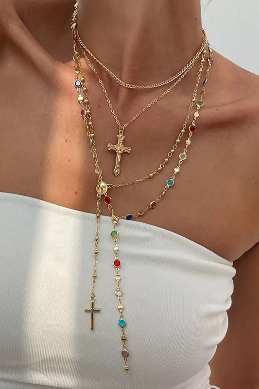 Boho Y Multi Stone Cross Lariat Layer Necklace