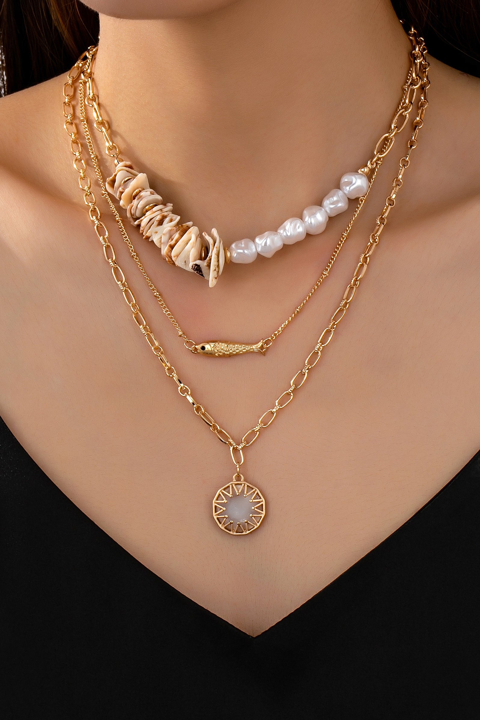 Multi Layer Seashell Pearl Fish Charm Necklace