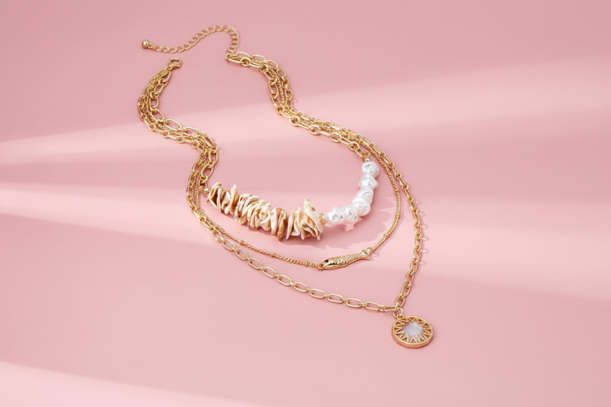 Multi Layer Seashell Pearl Fish Charm Necklace
