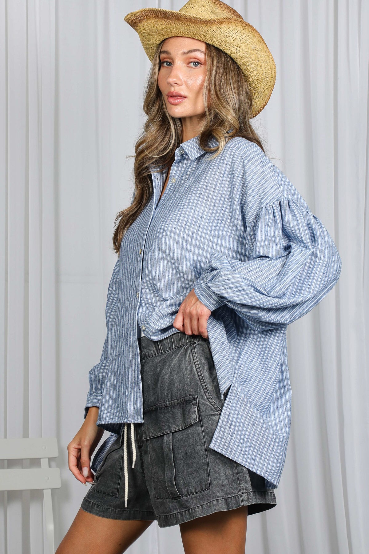 Macie Balloon Sleeve Stripe Shirt Blue