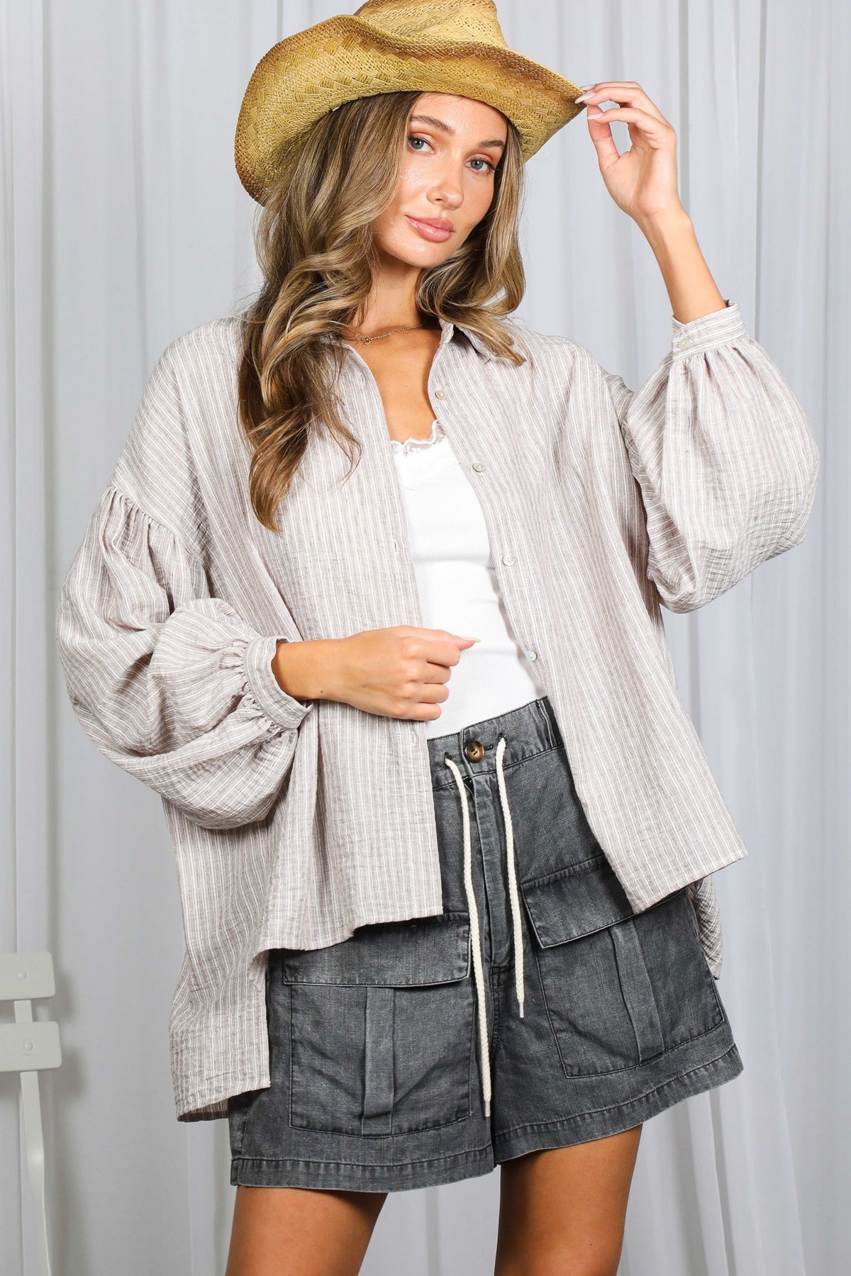 Macie Balloon Sleeve Stripe Shirt Taupe