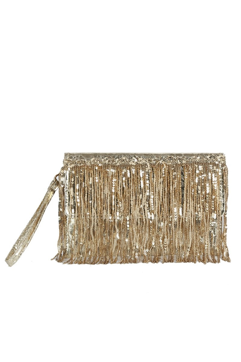 Metallic Sequin Fringe Clutch Bag Gold