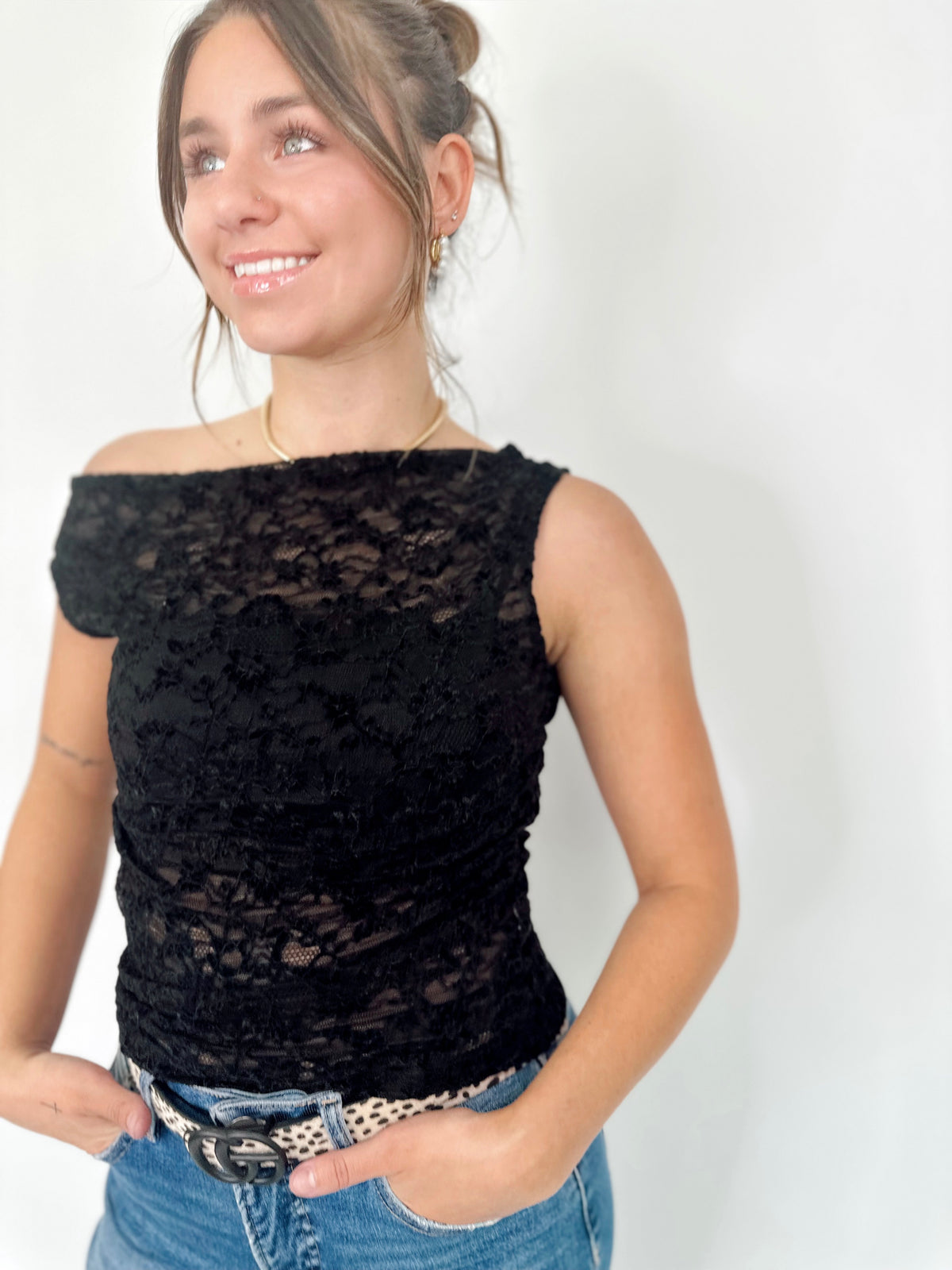 Jenny One Shoulder Ruched Lace Top