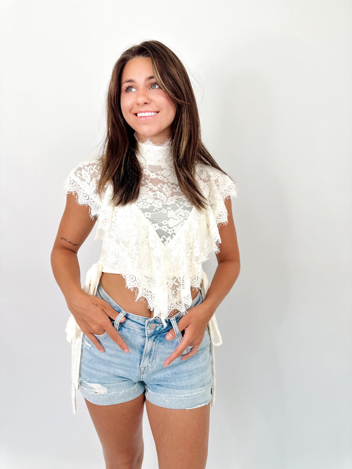 Erin Sheer Floral Lace Ruffle Cropped Blouse