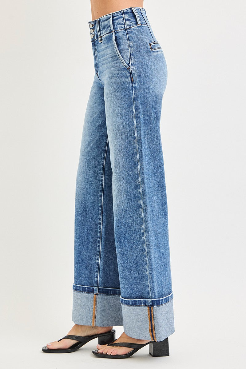 Elise High Rise Wide Leg Cuffed Hem Jeans