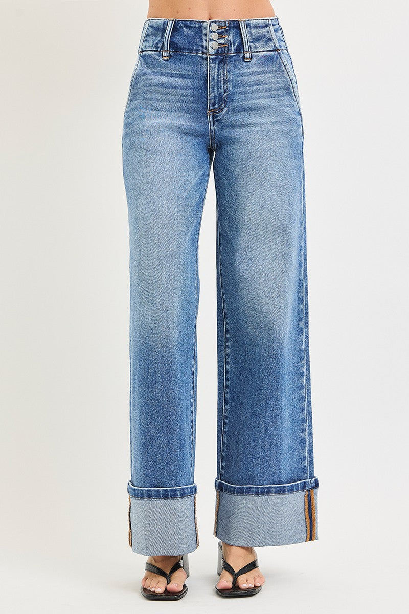 Elise High Rise Wide Leg Cuffed Hem Jeans