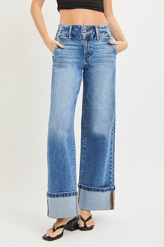 Elise High Rise Wide Leg Cuffed Hem Jeans