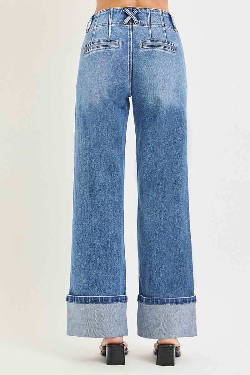 Elise High Rise Wide Leg Cuffed Hem Jeans