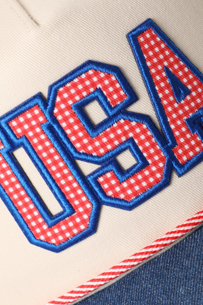 USA Gingham Letter Denim Brim Trucker Hat Dk.Denim