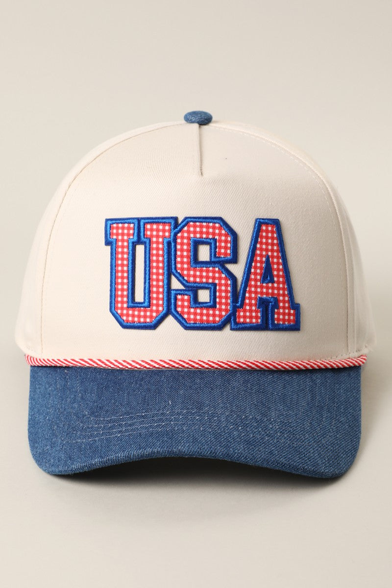 USA Gingham Letter Denim Brim Trucker Hat Dk.Denim