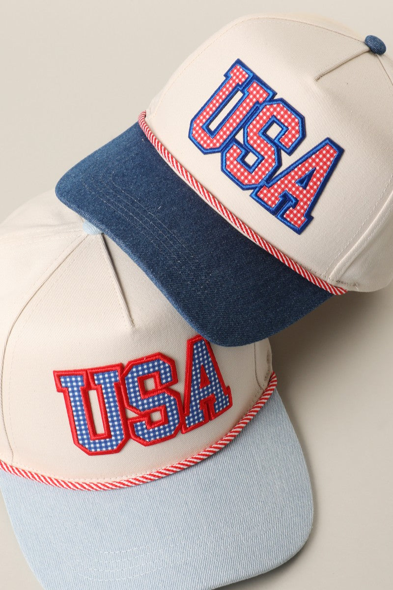 USA Gingham Letter Denim Brim Trucker Hat Lt. Denim