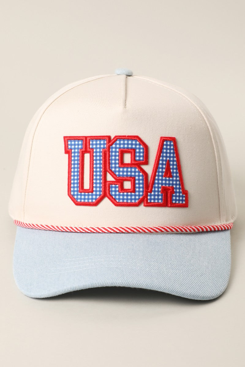 USA Gingham Letter Denim Brim Trucker Hat Lt. Denim