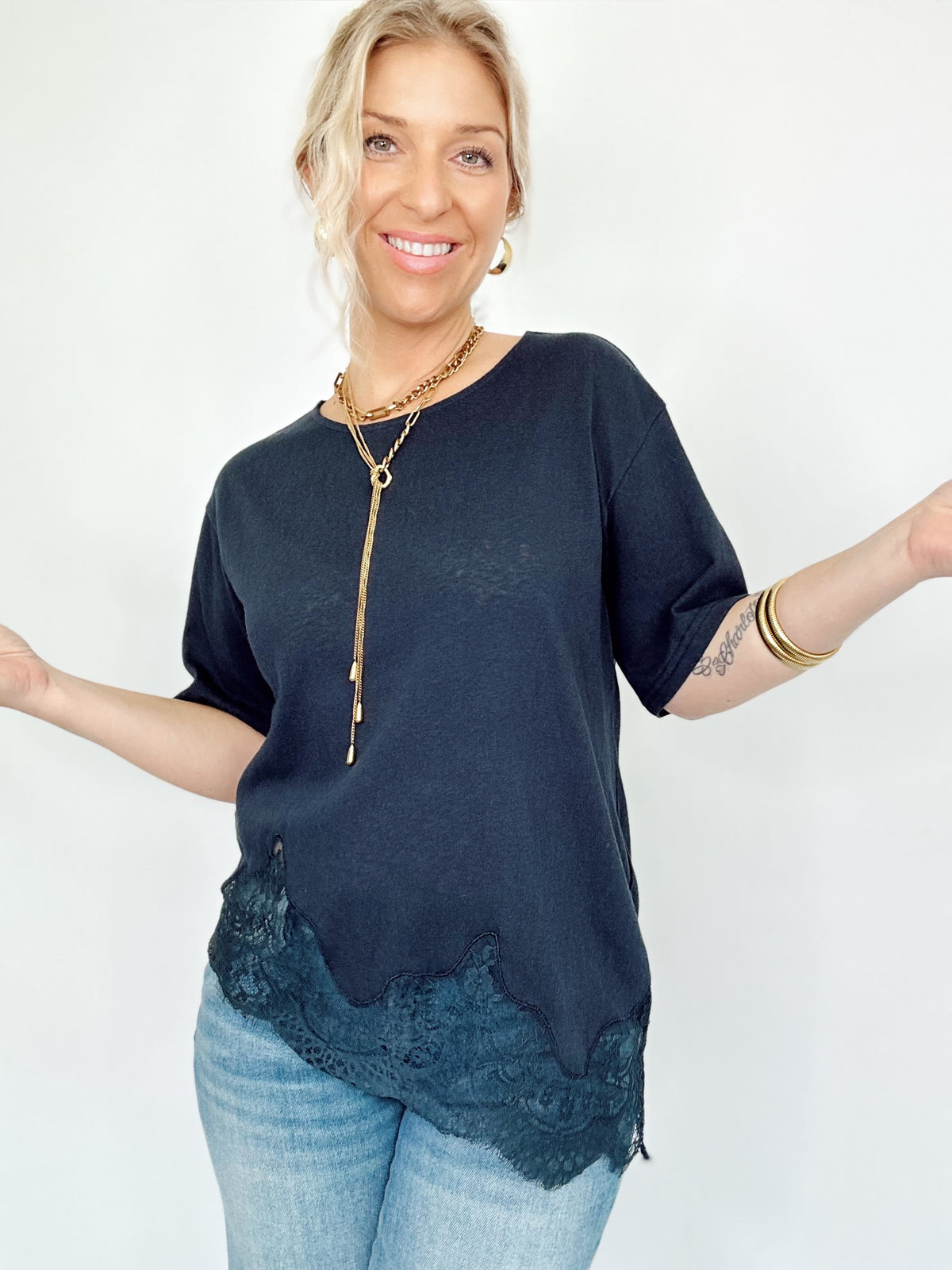 Kara Slub Knit Lace Hem Tee Navy