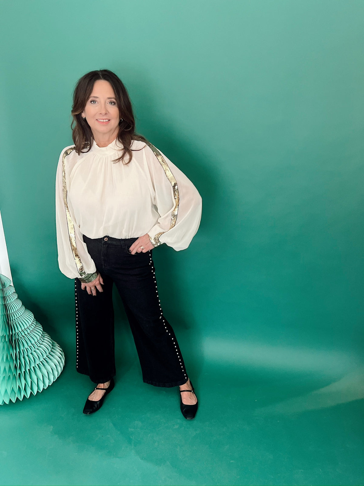 Isabella Raglan Sequin Chiffon Top Taupe