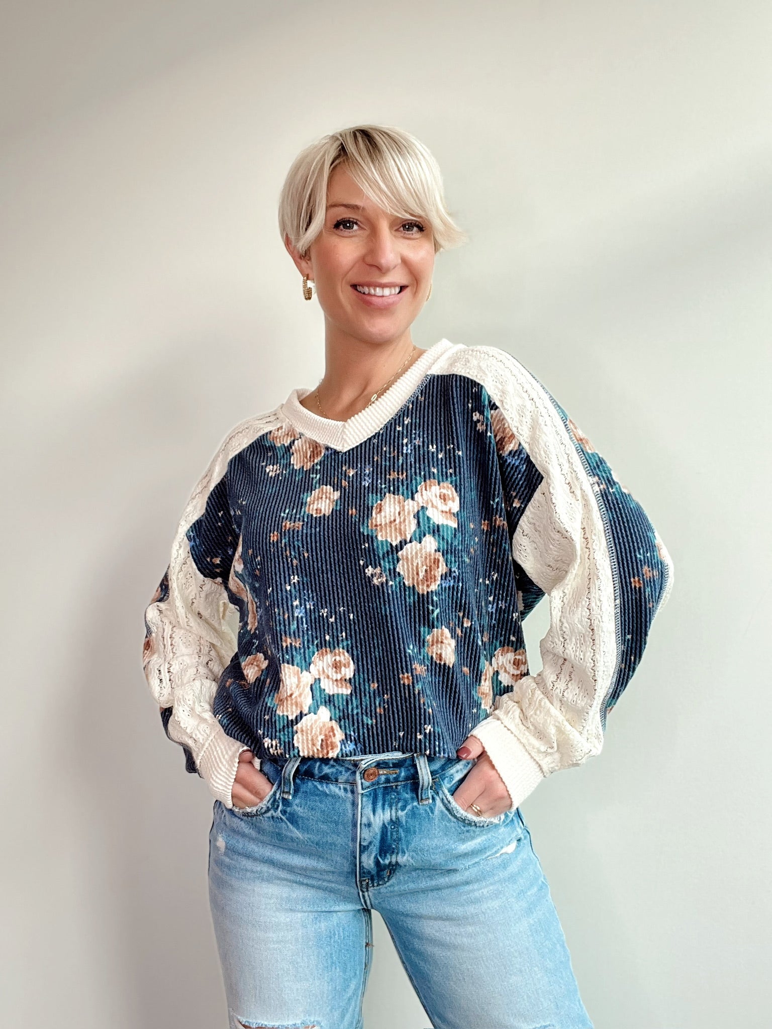 Willa Floral Knit Top W/ Contrast Lace