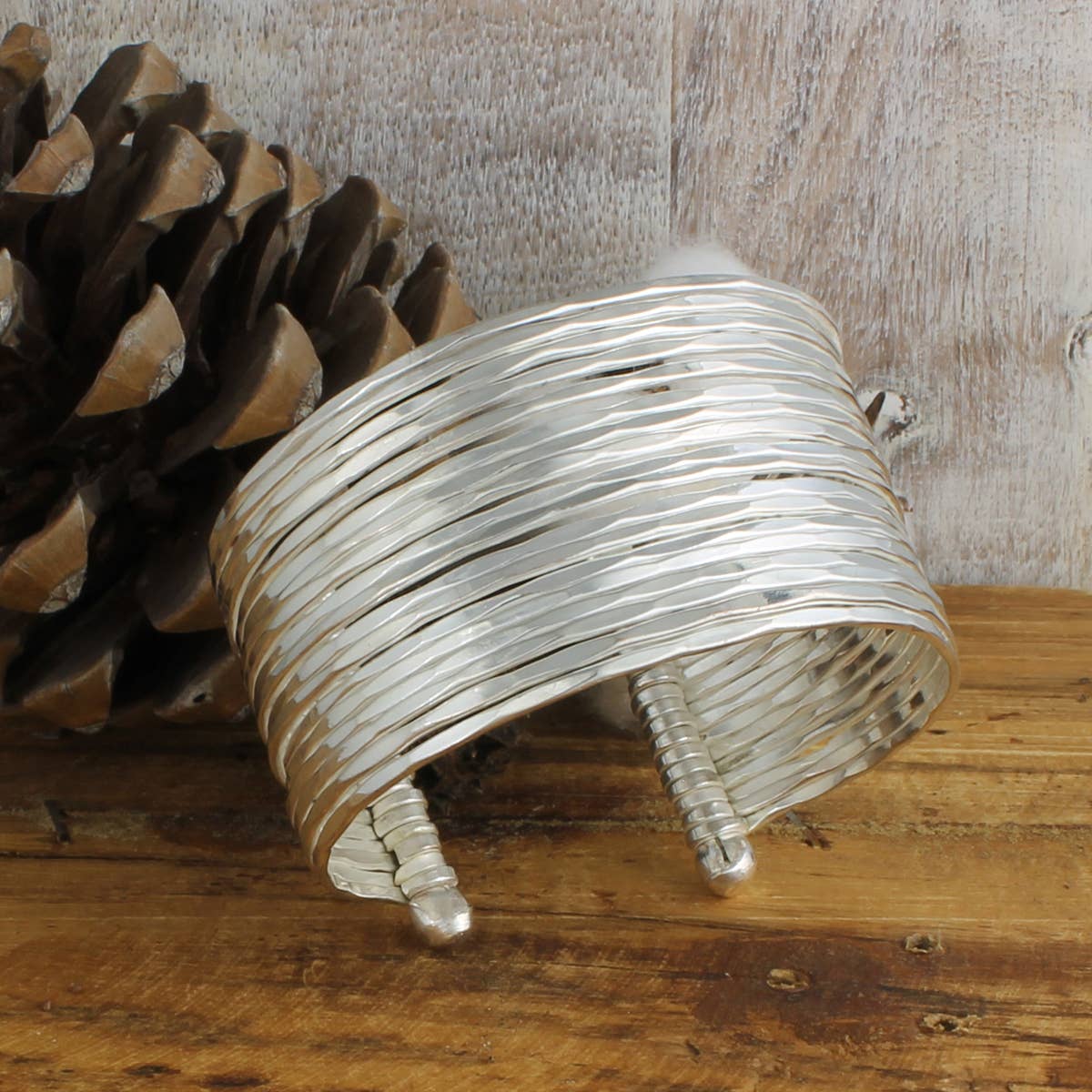 Silver Metal Thin Hammered Cuff Bracelet