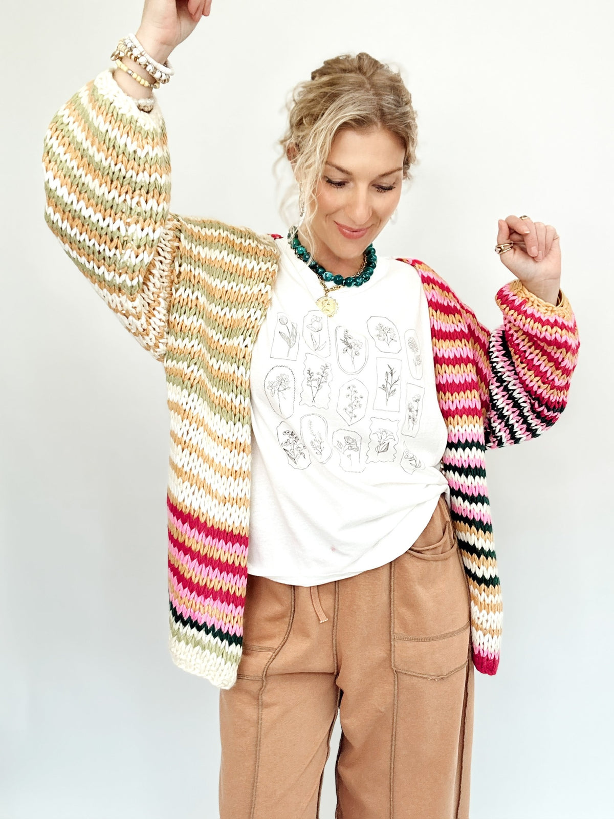 Kim Multi Stripe Chunky Knit Cardigan Cream
