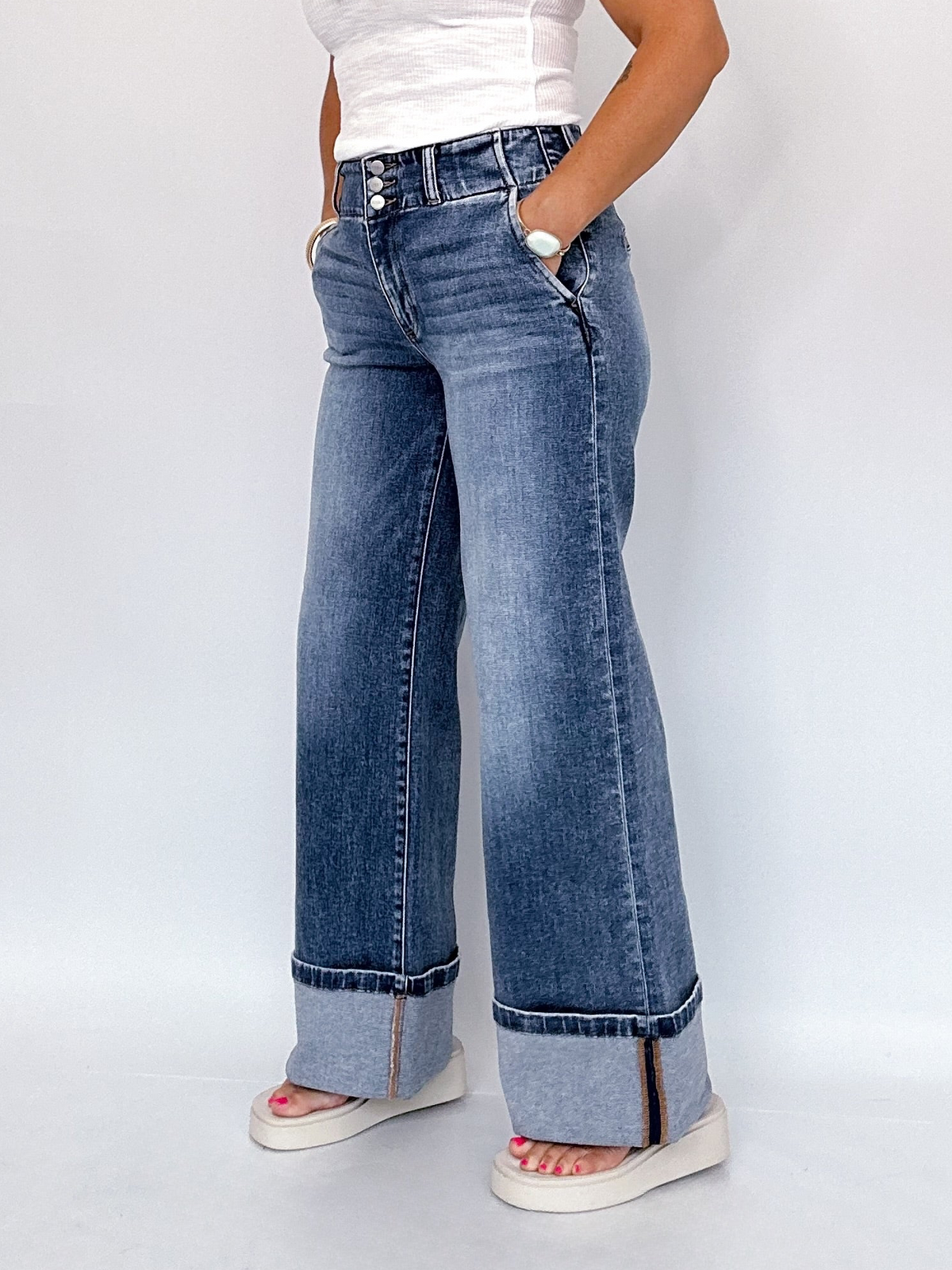 Elise High Rise Wide Leg Cuffed Hem Jeans