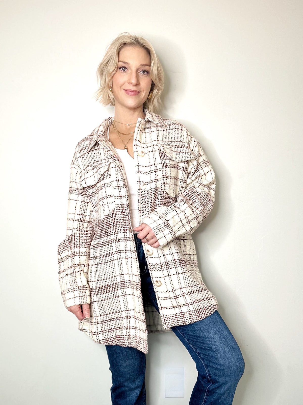 Maya Plaid Shirt Jacket Burgundy/Cream