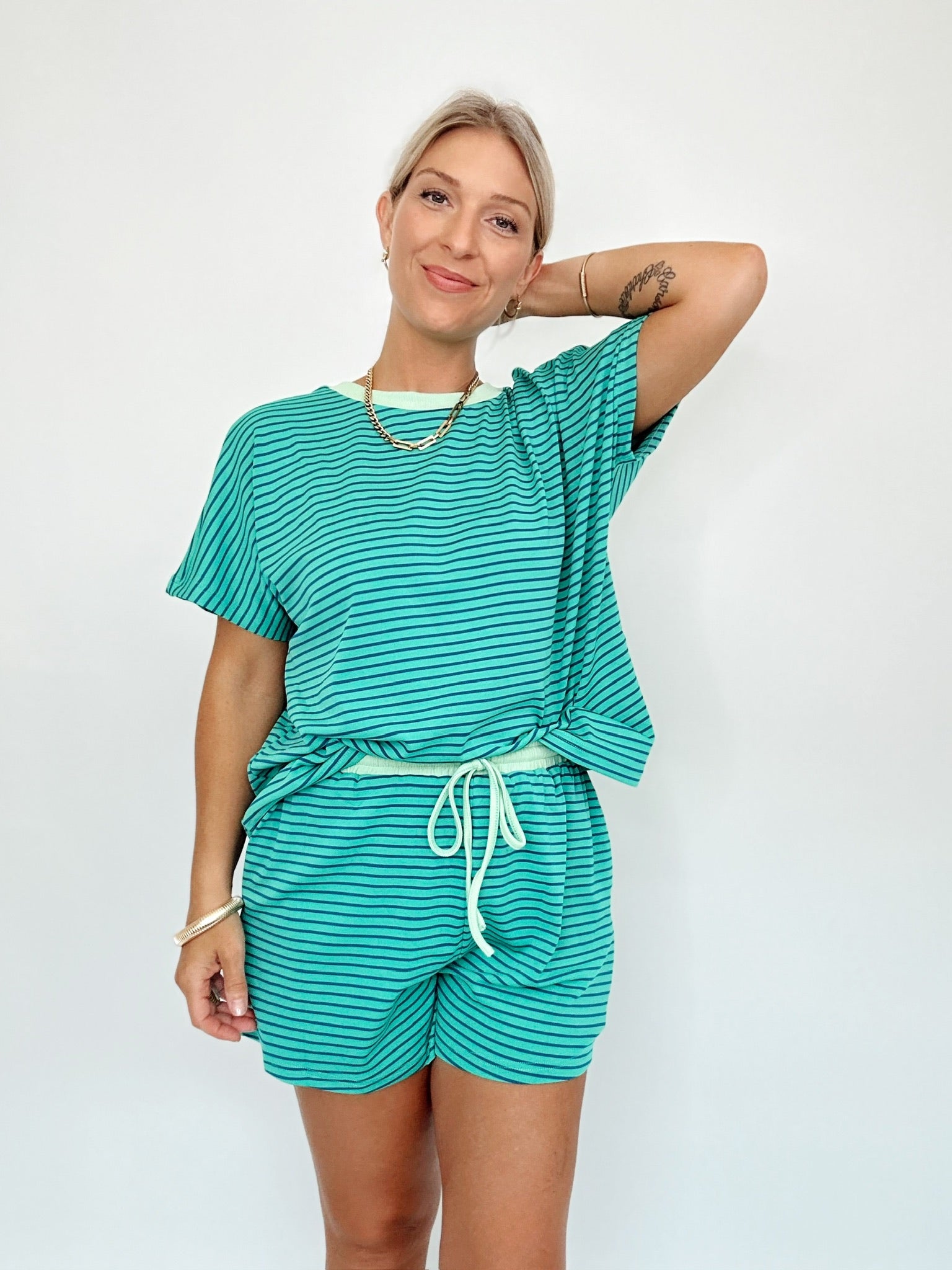 Annie Striped Tee & Short Set Emerald/Mint