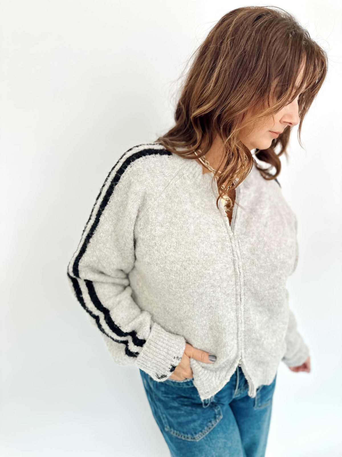 Reba Knit Sweater Zip-up Jacket H.Grey/Black