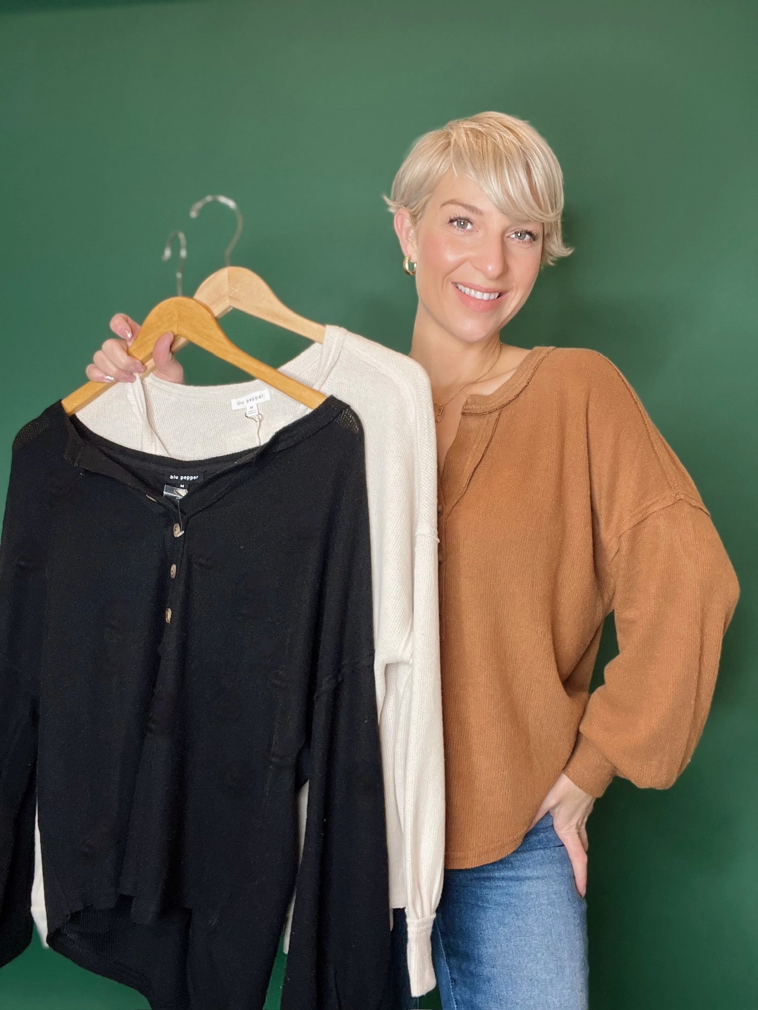 Selah V-Neck Half Button Long Sleeve Top Black