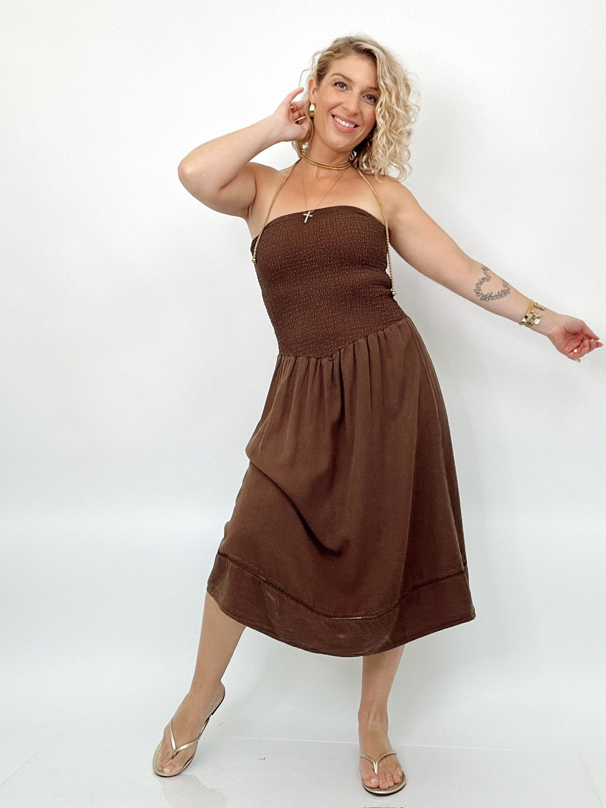Ava Smocked Strapless Denim Midi Dress Mocha