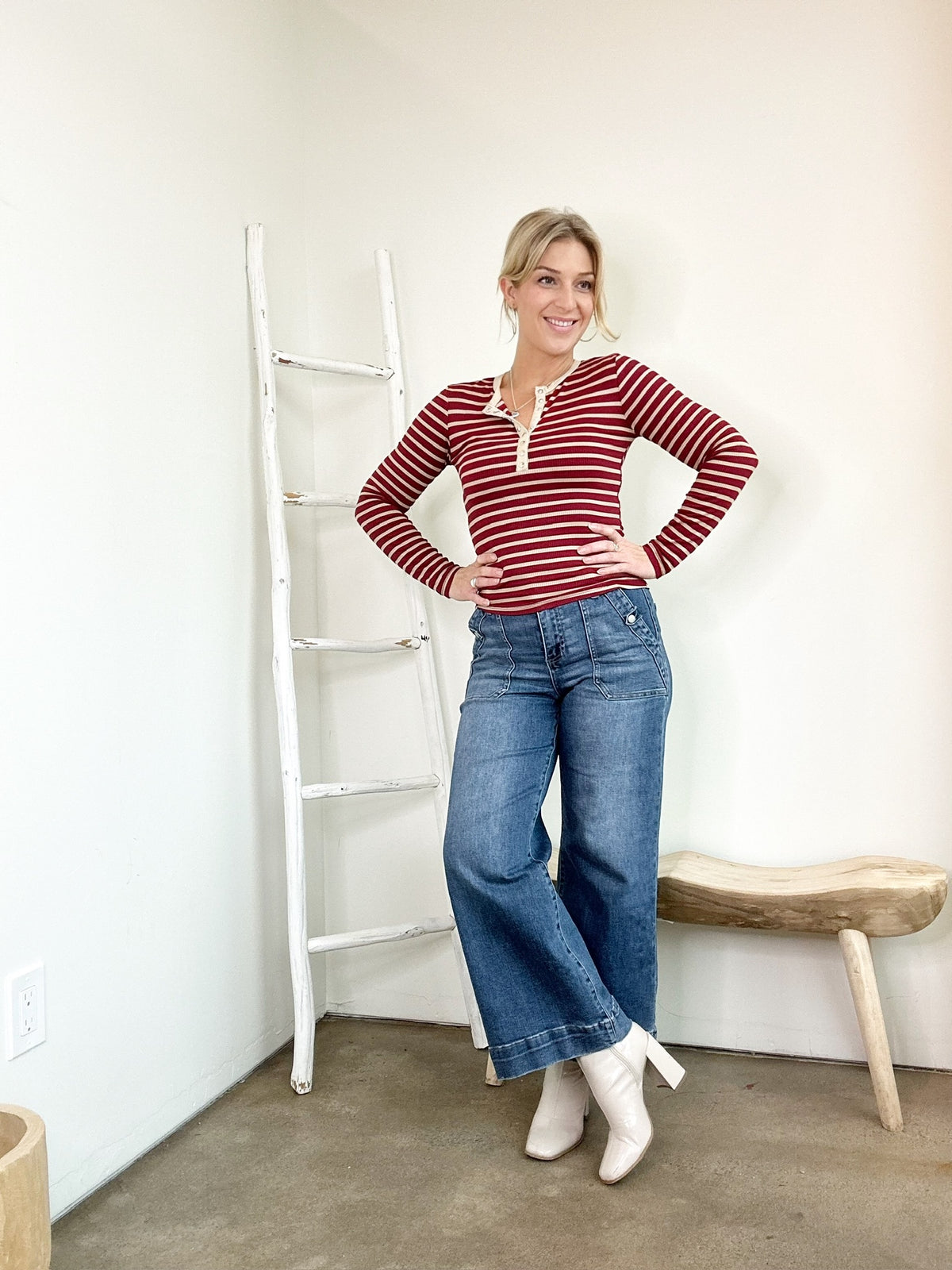 Bridget Stripe Knit Henley Top Deep Red