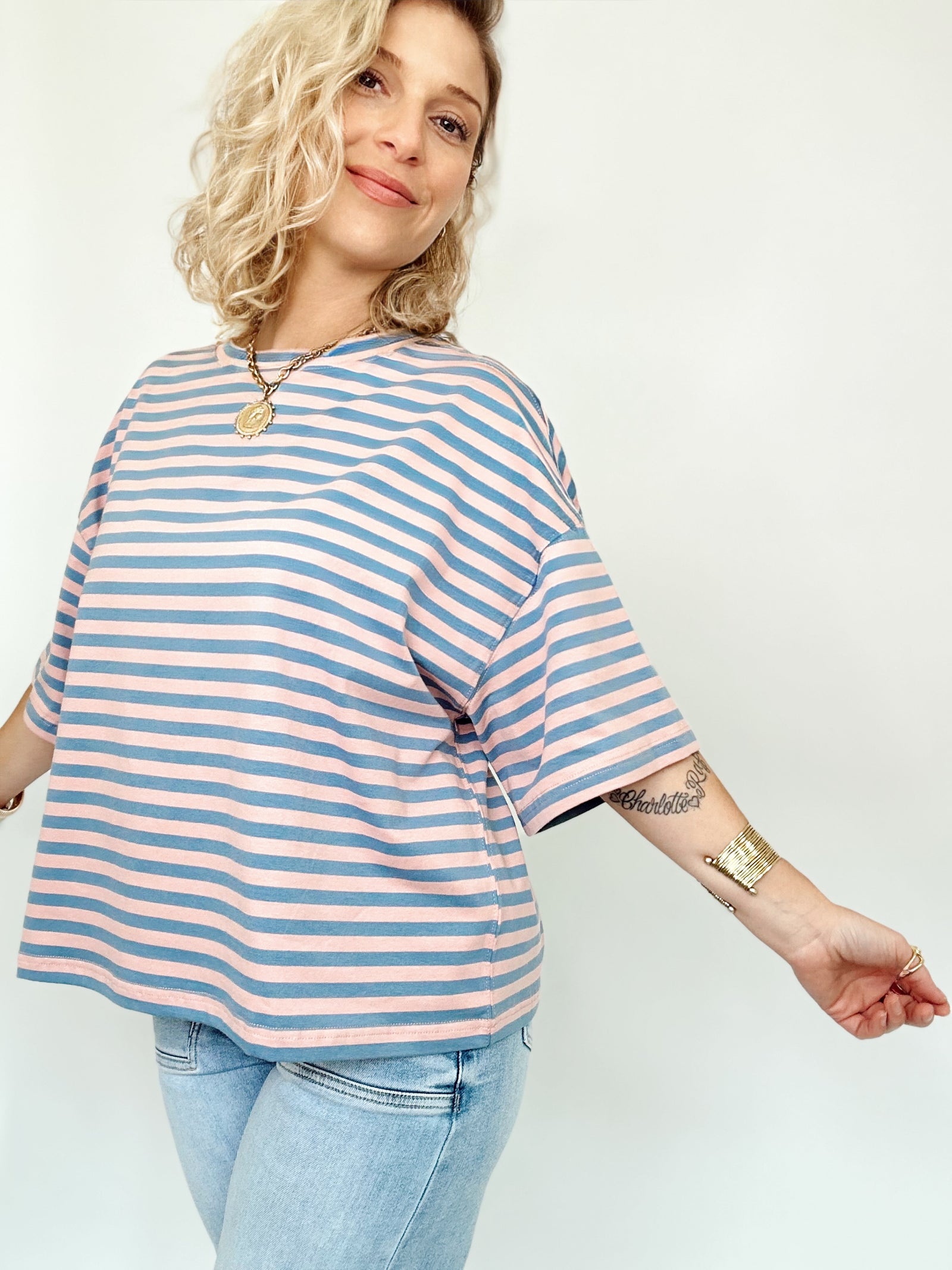 Vivian Stripe Oversized Boyfriend Tee Rose