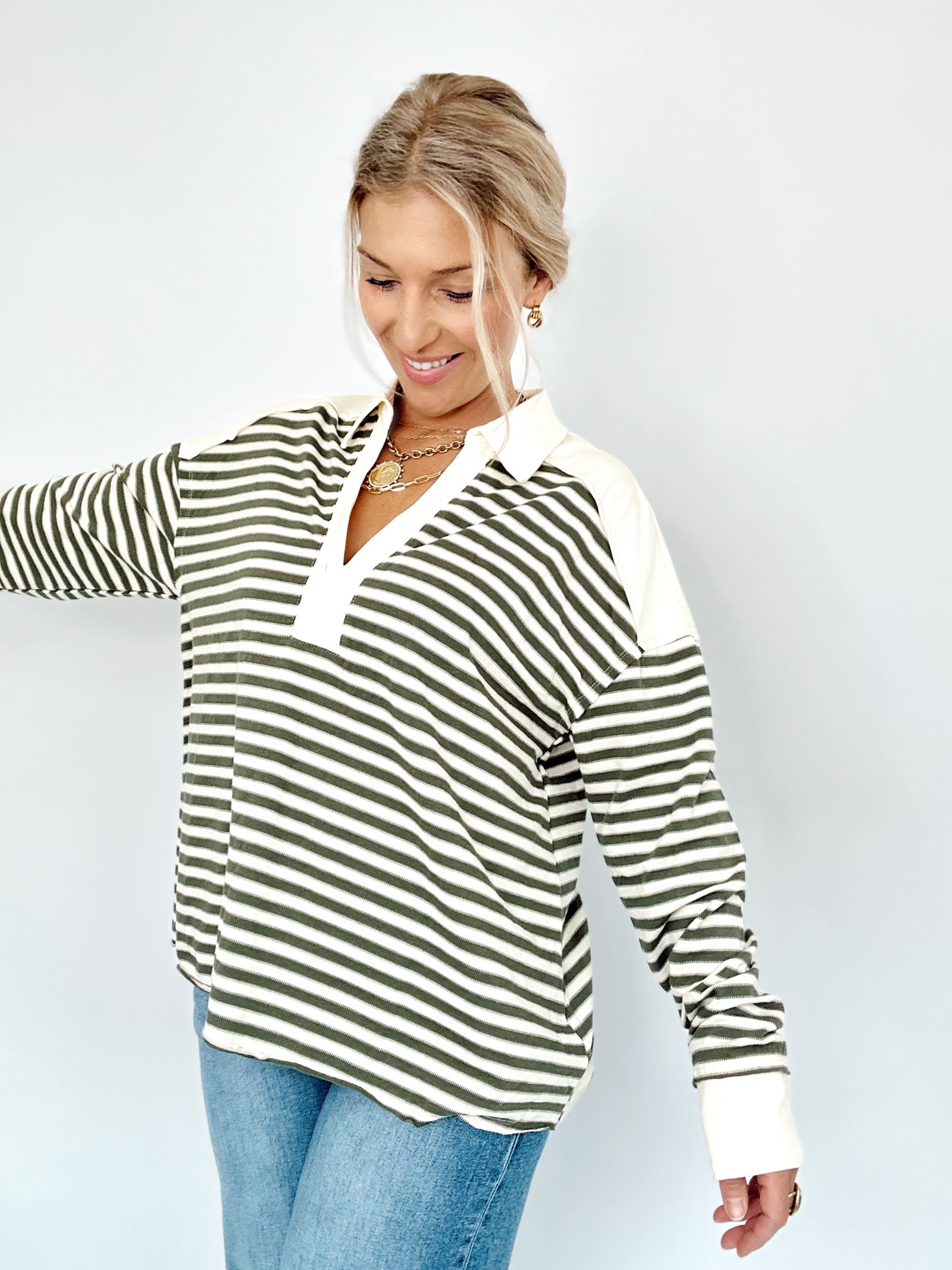 Emma Striped Henley Sweatshirt Olive Gray