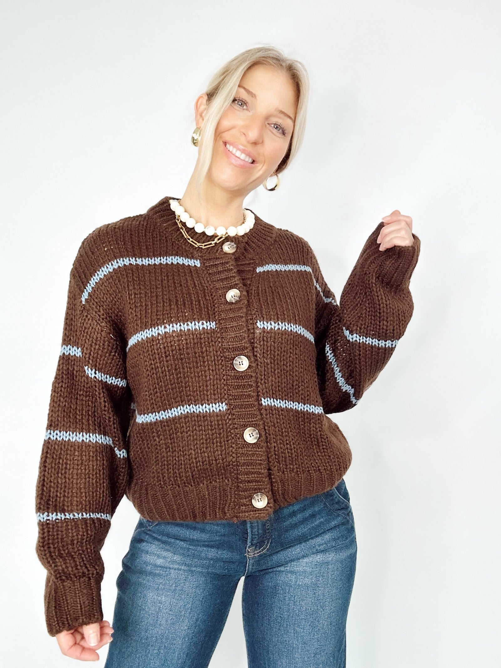 Lulu Stripe Jacquard Knit Cardigan Brown