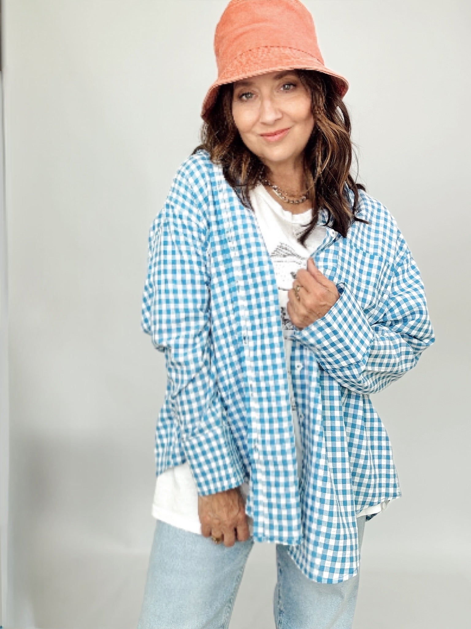 Bobbi Gingham Print Shirt Aqua