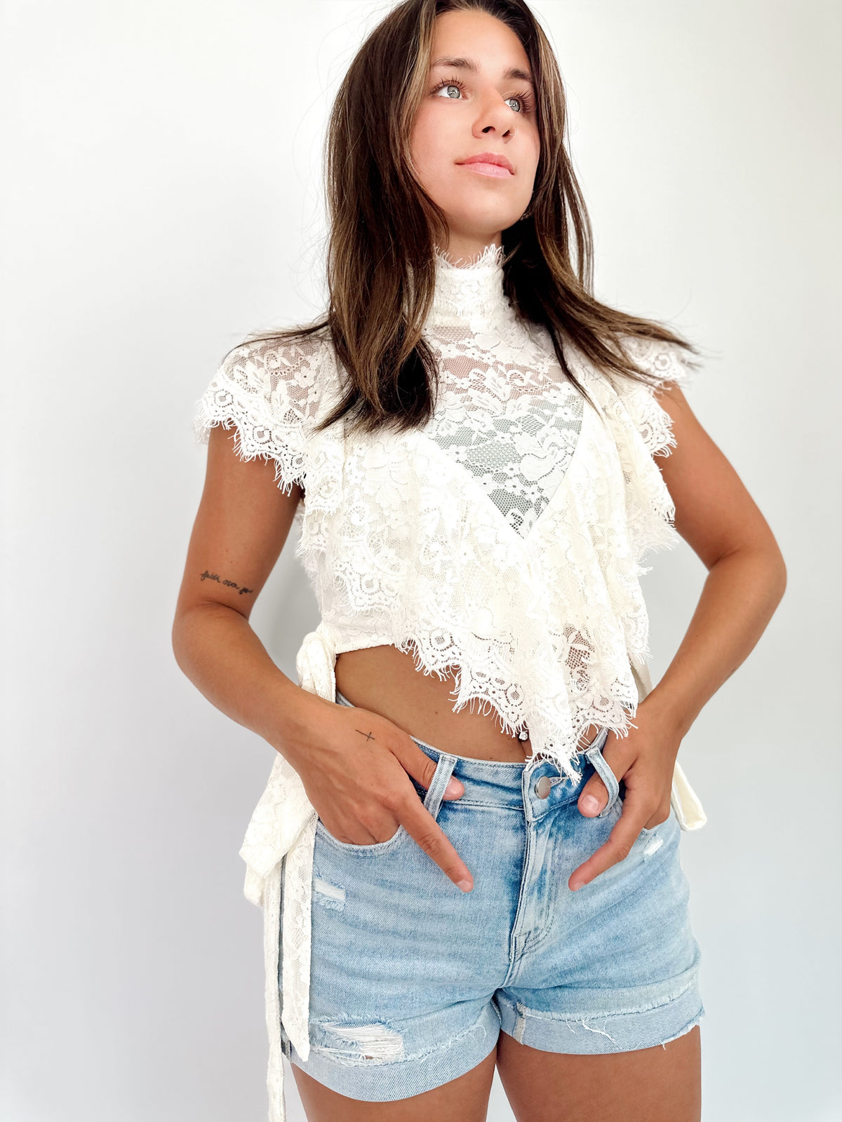 Erin Sheer Floral Lace Ruffle Cropped Blouse