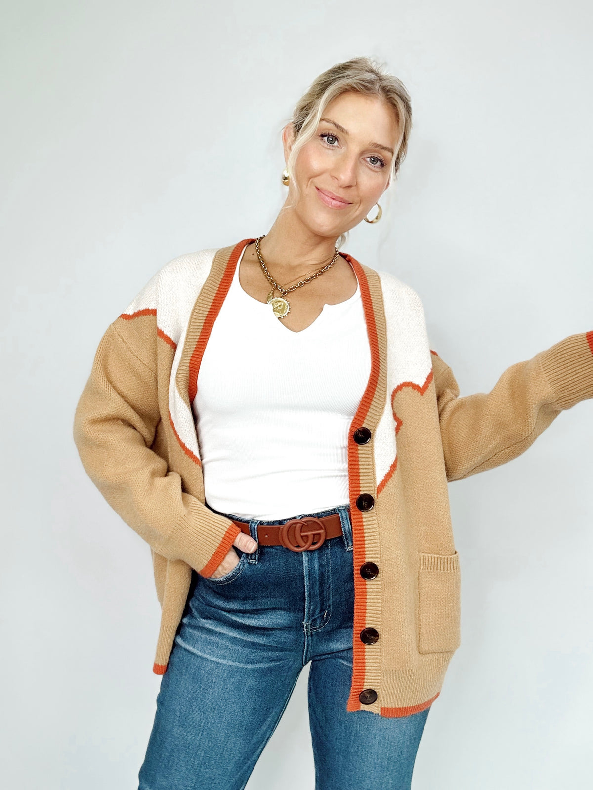Horse Embroidered Sweater Cardigan Latte